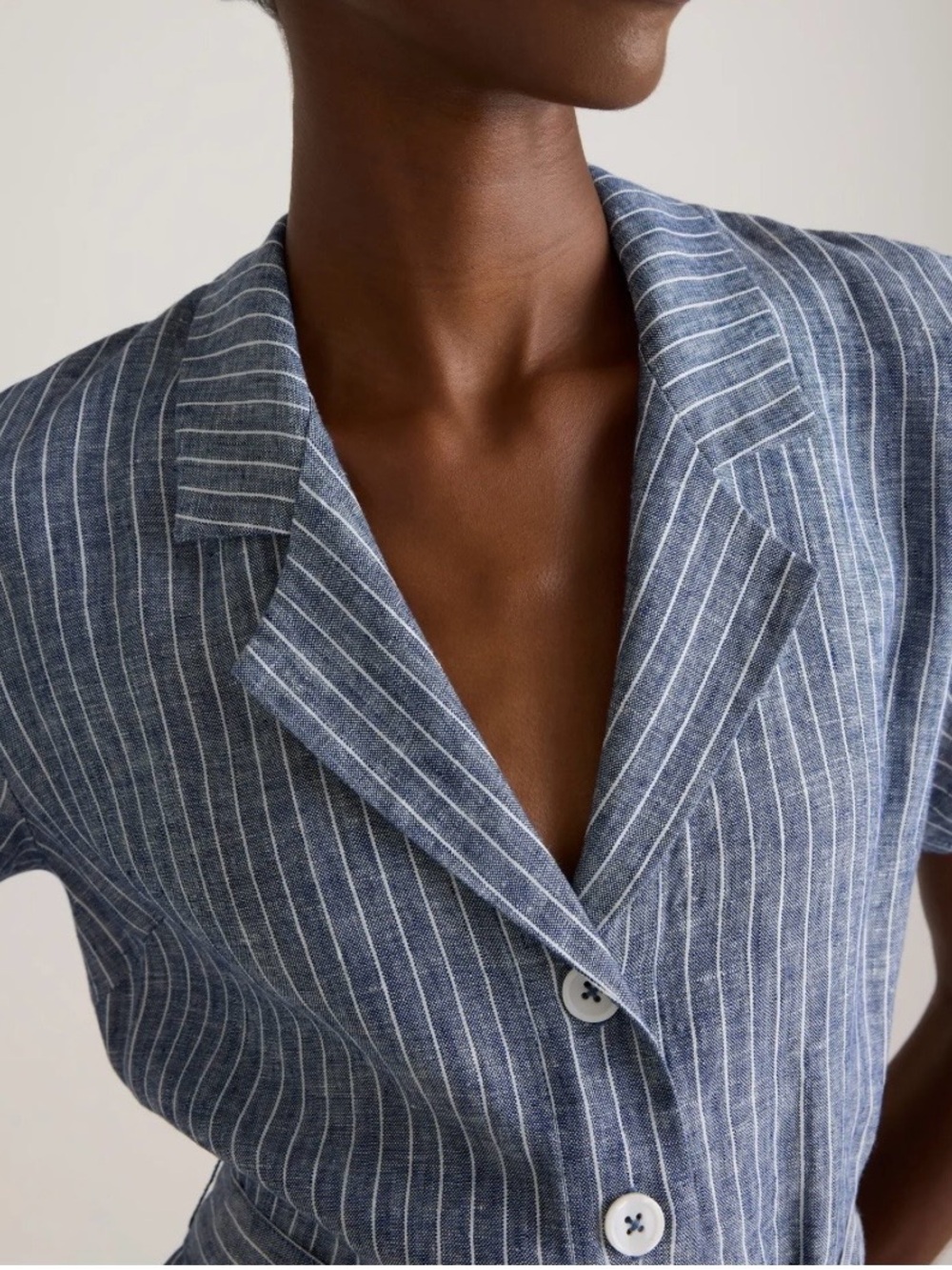 Quince European Linen Button Front Dress Chambray Stripe L - Picture 2 of 5